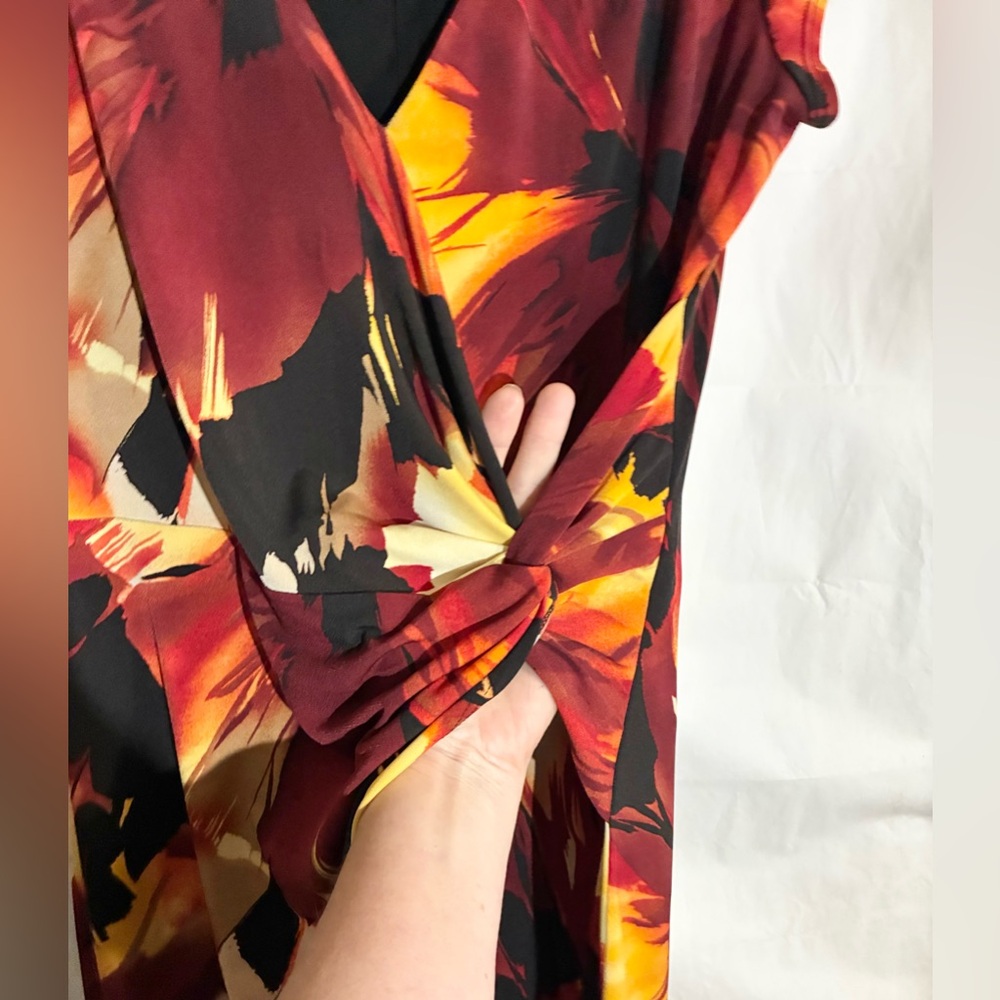 Cache Sunset 90s Y2K Dress Sz L faux Wrap Art to Wear Fitted Spandex Stretchy - Picture 6 of 8